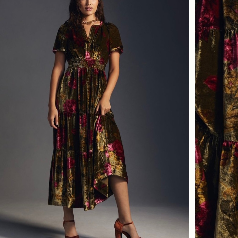NWT ANTHROPOLOGIE the Somerset velvet maxi dress in green motif. Size XXS.